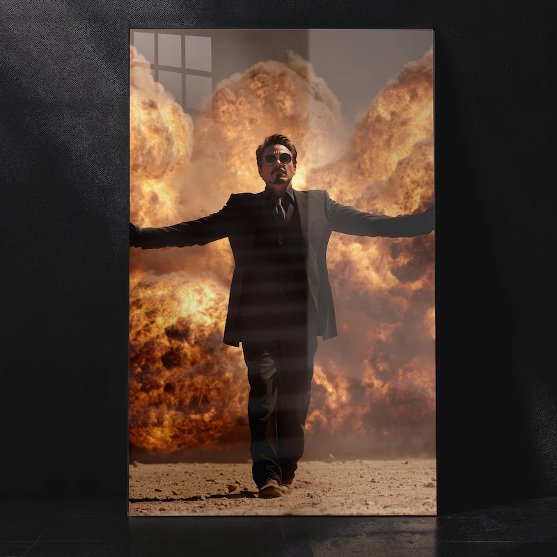 Iron Man Without Suit Background Explosion Metal Poster
