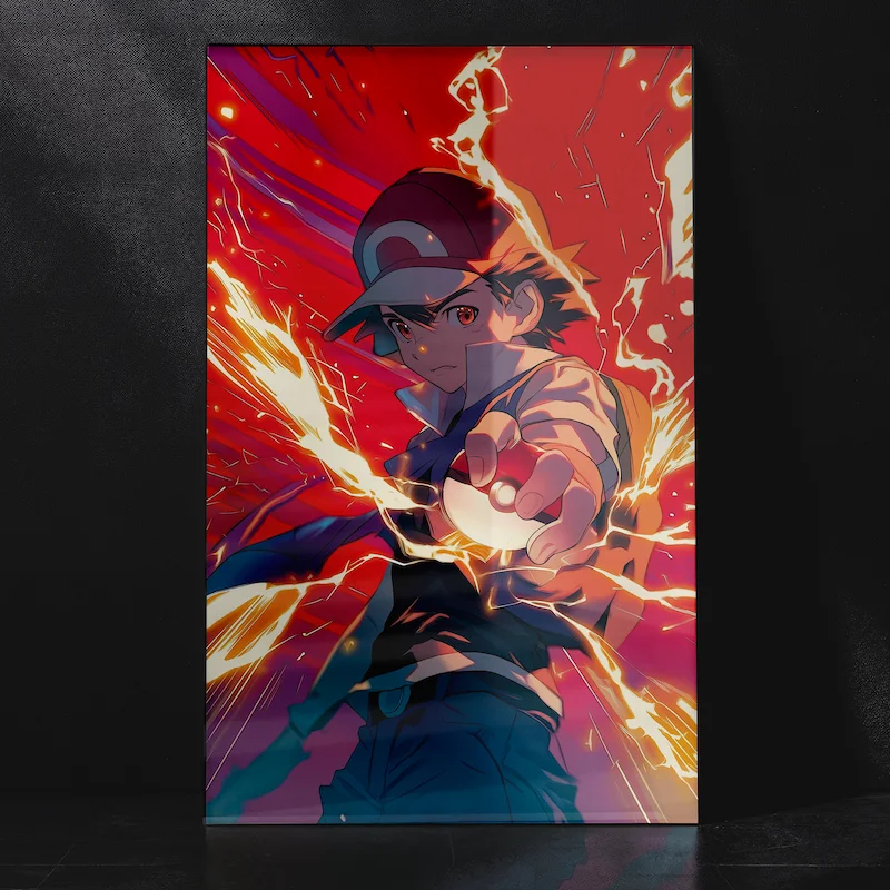 Ash Ketchum Heroic Trainer Pose with Glowing Pokéball Metal Poster